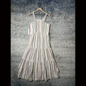 New Caslon Cabana‎ Stripe Linen Blend Lattice Trim Tiered Maxi Dress Size XS